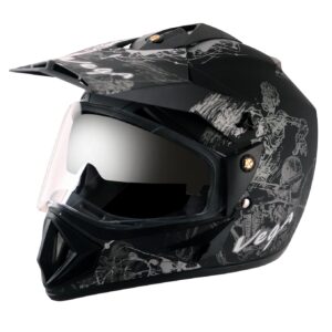 Vega Off Road Sketch ISI Certified Matt Finish Full Face Dual Visor with Peak Helmet for Men and Women Outer Clear Visor and Inner Smoke Sun Visor